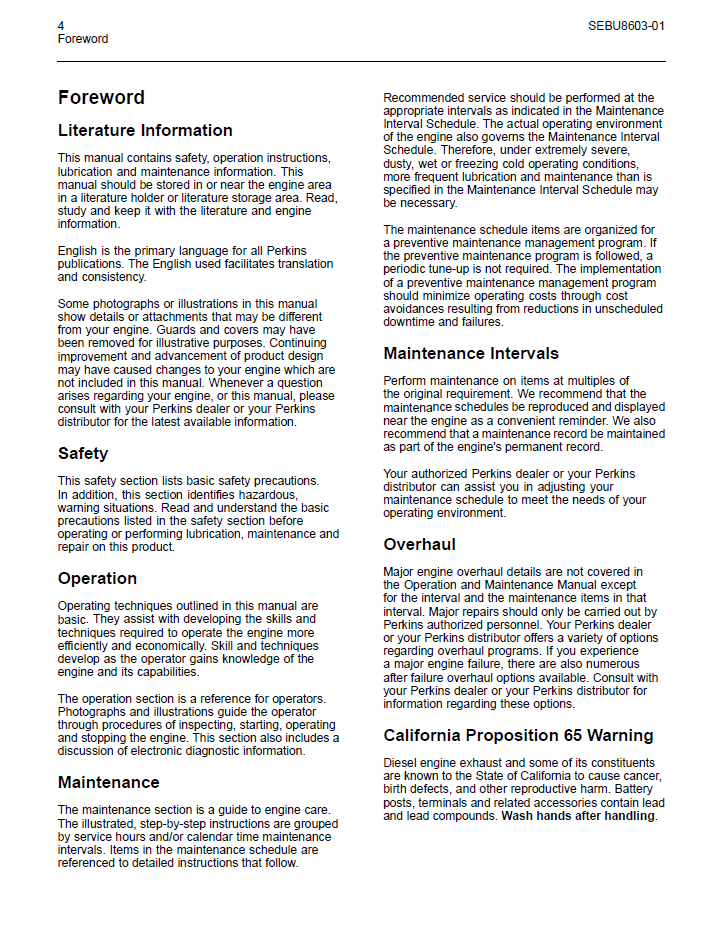 Perkins – 1206E-E66TA Industrial Engine – Operation & Maintenance Manual – SEBU8603-01