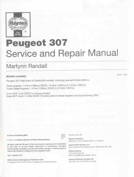 Peugeot 307 – Service & Repair Manual – 2001 to 2004