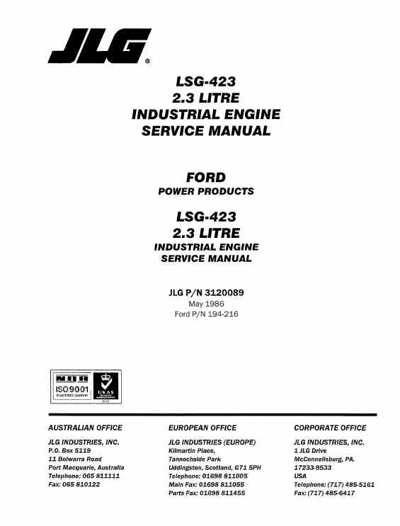 194-216 Ford LSG-423 2.3L Industrial Engine Service manual (May1986)