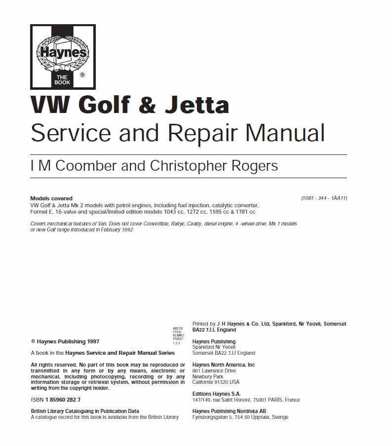 Volkswagen – VW Golf & Jetta Mk 2 – Service and Repair Manual