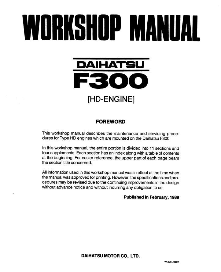 Daihatsu – Feroza – F300 – HD Engine -Workshop Manual